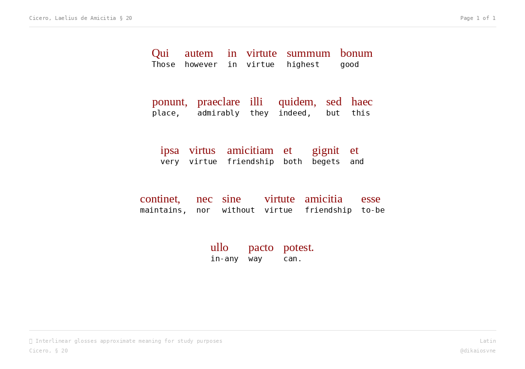 logicus's tweet image. &quot;no friendship without virtue.&quot;
a short passage from:
cicero, laelius de amicitia § 20
some set the greatest good in virtue and do so nobly. this very virtue both produces and maintains friendship, nor can friendship exist in any way without virtue.
qui autem in virtute summum…