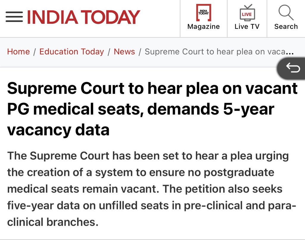 Supreme Court to hear a landmark plea on demand for a uniform NMC mechanism to ensure no NEET PG medical seat stays vacant, especially in pre clinical and para clinical departments. The plea also calls for 5 years of vacancy data from NMC ,a crucial step for transparency &amp; reform