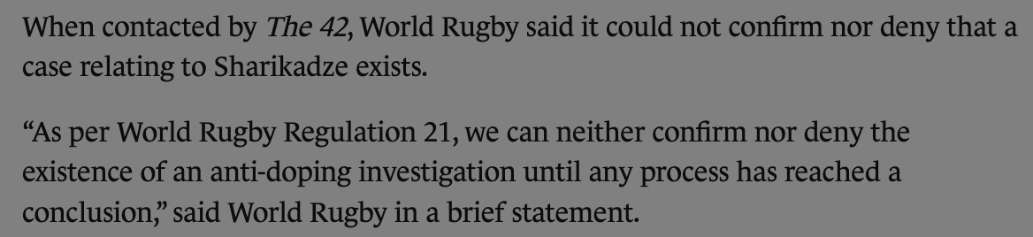 According to Sharikadze, he has been banned for six years, and is appealing the ban.

World Rugby seem to have a clause in their rules that allow this ban to be kept 'silent', calling this merely an 'investigation' when in fact the player is claiming that he has been sanctioned.