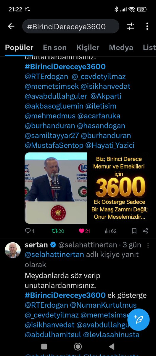 Hatırlatalım #BirinciDereceye3600 Ek Gösterge sözü verildi, yaklaşık üç yıl geçti!
Artık söz değil, icraat istiyoruz!#EmekliMemuradaSeyyanen
<a href="/RTErdogan/">Recep Tayyip Erdoğan</a> <a href="/dbdevletbahceli/">Devlet Bahçeli</a> <a href="/eczozgurozel/">Özgür Özel</a> <a href="/MDervisogluTR/">Müsavat Dervişoğlu</a> <a href="/isikhanvedat/">Prof. Dr. Vedat Işıkhan</a> <a href="/55erhanusta/">Dr. Erhan Usta</a> <a href="/cenginyurt52/">Cemal Enginyurt</a> <a href="/_aliyalcin_/">Ali YALÇIN</a> <a href="/OnderKahveci/">Önder Kahveci</a> <a href="/Akparti/">AK Parti</a>  @MHP