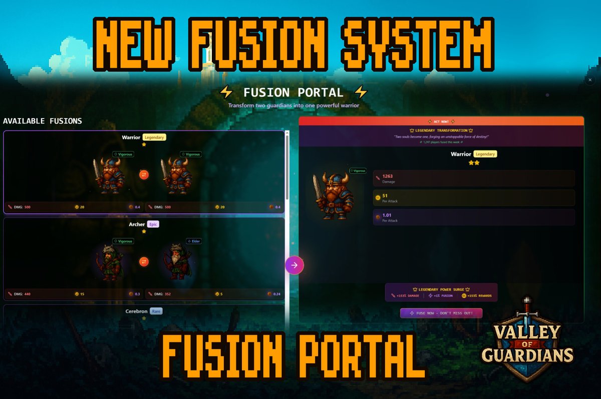 PlayVoG's tweet image. The New Fusion System just went LIVE with Season 4! 

Are you fusing your Guardians into absolute monsters…
or letting them sit there aging like expired milk? 😭💀

Open the Fusion Portal and create something stronger.

valleyofguardians.xyz