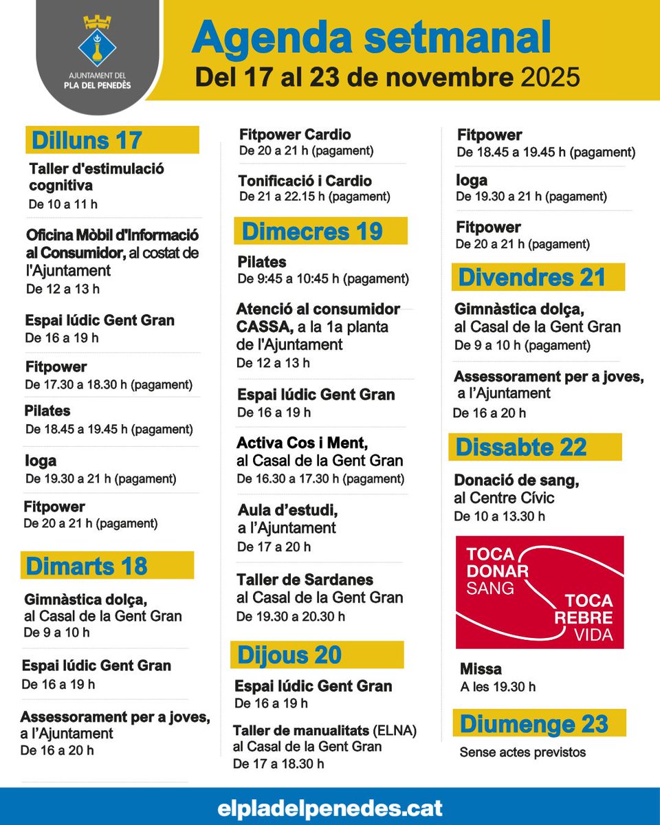 🗓️ Agenda setmanal del #PladelPenedès, del 17 al 23 de novembre de 2025
