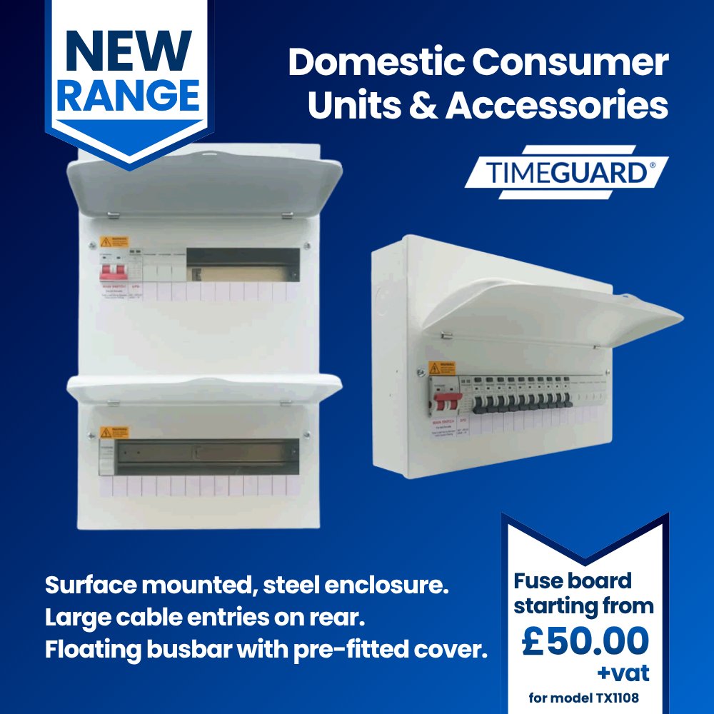 ⚡ New Fuse Board Range! ⚡

The NEW range of Timeguard Consumer Units is now in available to buy right here at Click4Electrics 👍

Engineered for the modern electrician and fully compliant with the latest 18th Edition wiring regulations, these units are designed to make your