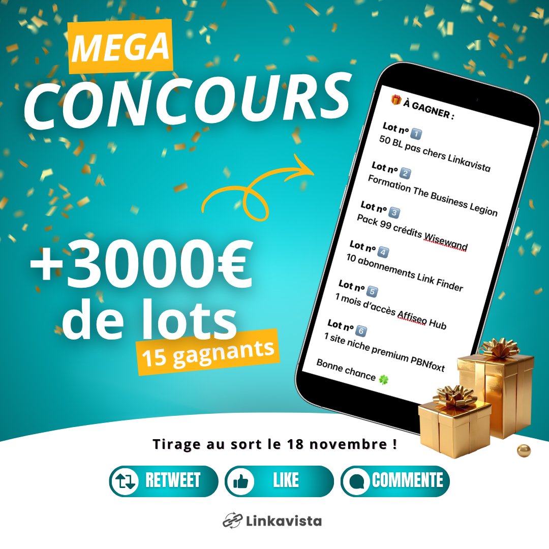 Linkavista's tweet image. 📢 CONCOURS SPECIAL BLACK FRIDAY

+ 3000€ de LOTS à gagner pour booster ton SEO &amp;amp; ton business ! 🚀

Pour participer :
🔁 RT + ❤️ Like
💬 Commente le ou les numéros de tes lots préférés

👉 Tirage au sort le 18 novembre à 10h

Bonne chance à tous 🍀