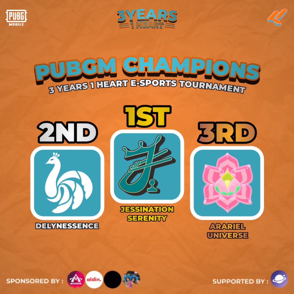 e11evte's tweet image. 𝐖𝐄 𝐅𝐎𝐔𝐍𝐃 𝐓𝐇𝐄 𝐂𝐇𝐀𝐌𝐏𝐈𝐎𝐍𝐒🏆

Setelah pertempuran selama 2 hari terakhir, akhirnya kita menemukan sang juara yang layak menempati singgasana!
Selamat kepada para juara PUBG MOBILE 3 YEARS 1 HEART E-SPORTS TOURNAMENT
🥇Jessination Serenity
🥈Delynessence
🥉Arariel…