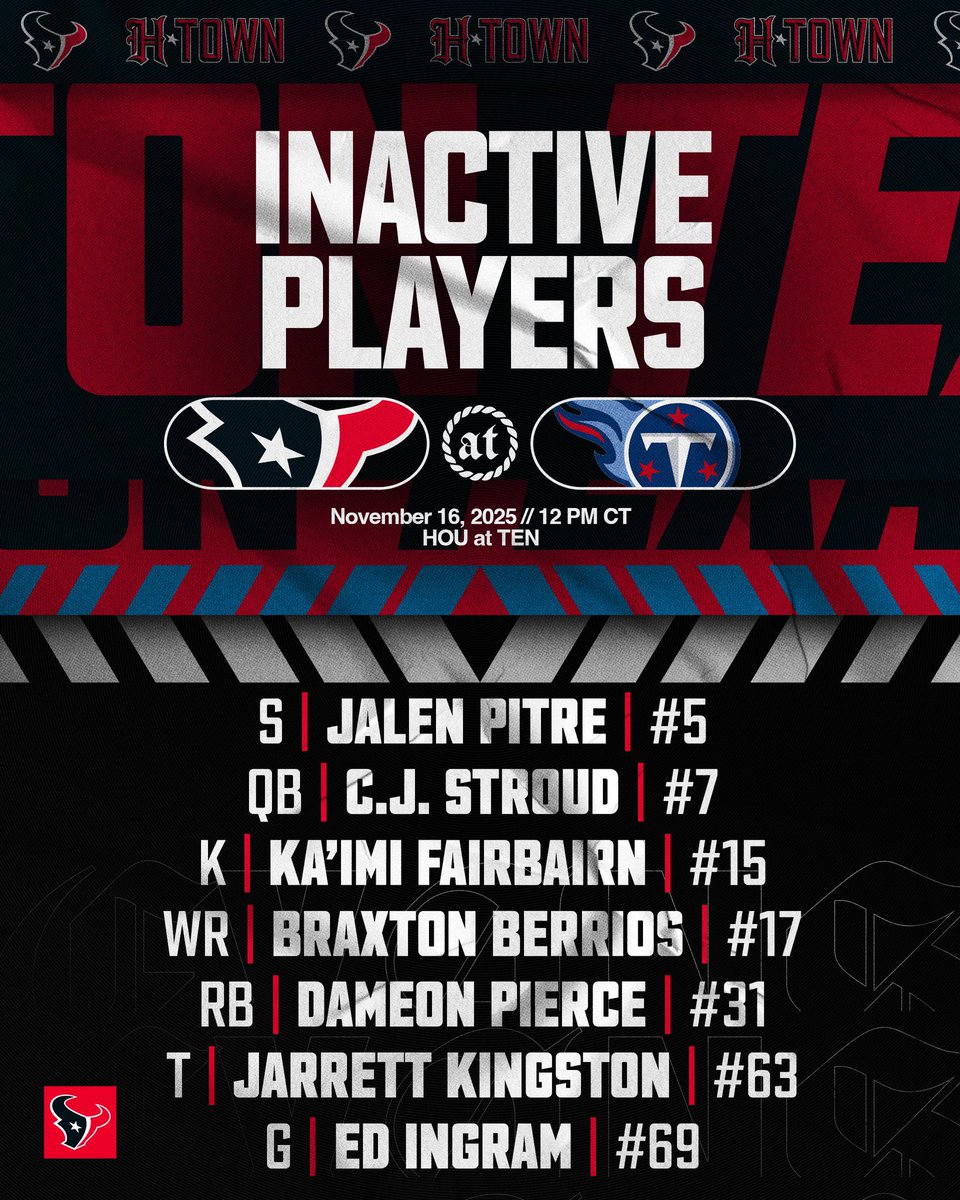 TexansJacob's tweet image. Texans inactive list vs the Titans today:

The only real surprise is Ed Ingram who practiced all week for the Texans even if limited.

Could see Tytus Howard play RG or continue to role with Juice Scruggs there like last week.