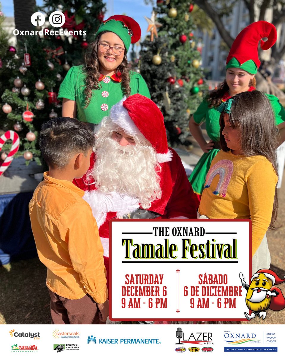 OxnardRecEvents's tweet image. 🎄The 18th Annual Oxnard Tamale Festival is right around the corner.
Bring the whole family for FREE photos with Santa and his elves 📸🎅.
Join us Saturday, December 6, 9 AM–6 PM at Plaza Park for a day filled with delicious tamales, live music, and festive fun for all ages.