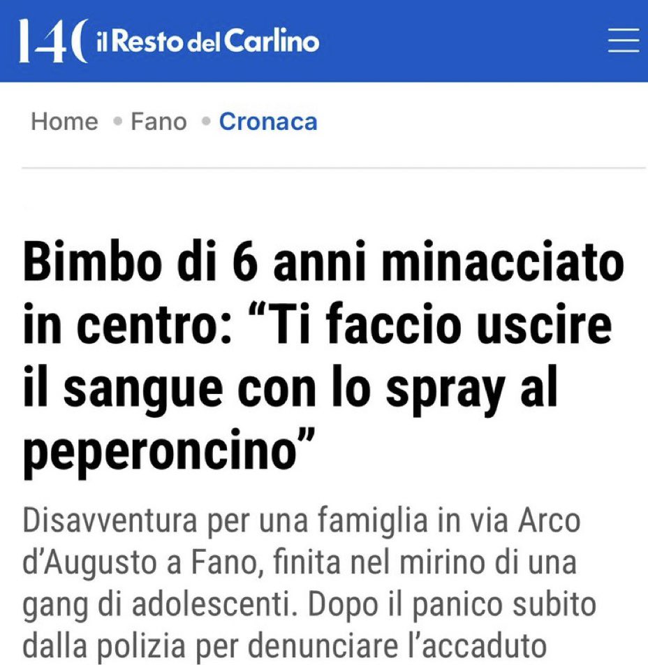 SaP011's tweet image. Fano:
15 nordafricani prendono di mira un bambino italiano di 6 anni mentre è con i genitori, ridendo di lui e prendendolo in giro.

Una nordafricana lo guarda e gli dice “con lo spray al peperoncino ti facciamo uscire il sangue dagli occhi”.

La madre del piccolo prega il padre