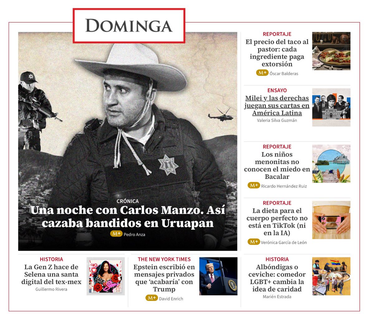 dominga_milenio's tweet image. 🔱 Ya llegó la #DOMINGA de esta semana y está cargada  de historias sobre nostalgia por la música, crónica de la búsqueda de justicia de #CarlosManzo y la economía de los #narcotacos.

Una Gen Z que revive a #Selena, las peligrosas dietas en #TikTok y un ensayo del avance de la…