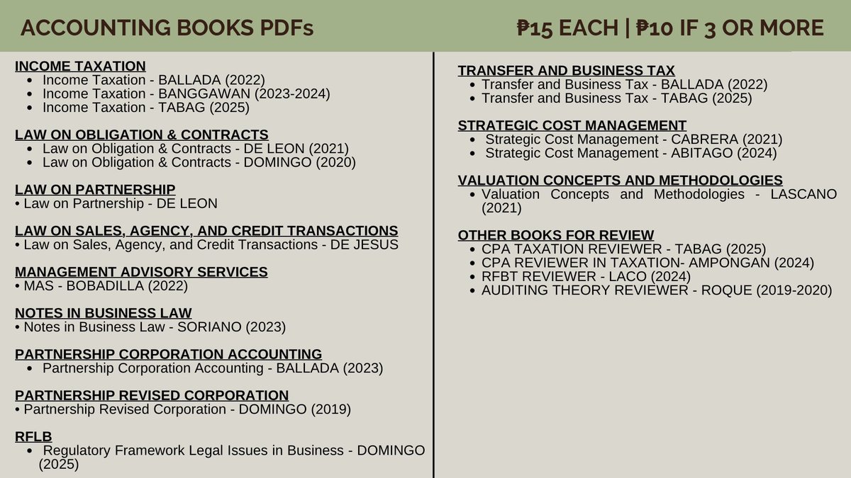 acadreads's tweet image. wts lfb law accounting pdf book reviewer softcopy ph 

🏷️ far afar auditing mas taxation rfbt
📅 2017 2018 2019 2020 2021 2022 2023 2024 2025

📚 millan de jesus binaluyo hall guerrero bagayao dayag escala salosagcol domingo ballada valix cabrera de leon raiborn vhinson villaluz
