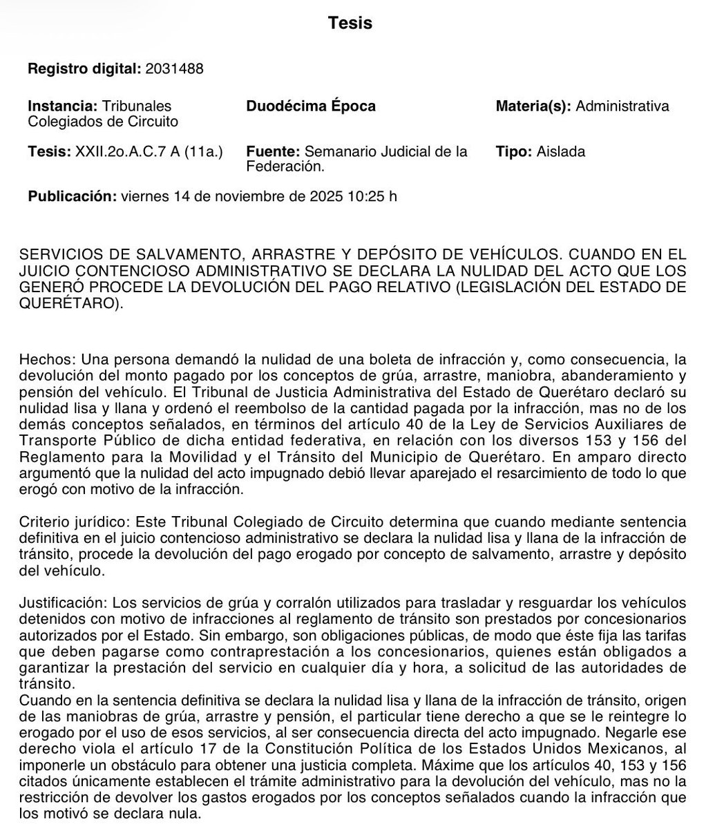 imnayibnava's tweet photo. No es nuevo, pero les puede servir para quienes son de Querétaro, aunque el criterio se replica en varias entidades.

Si por infracciones de tránsito remitieron el vehículo al depósito vehicular, y en juicio se declara la nulidad de las multas, se debe devolver lo pagado ($) sobre:

• El arrastre de la grúa.
• Los días que llevó el vehículo en el depósito y el $ de la liberación.
• El monto de las multas pagadas.