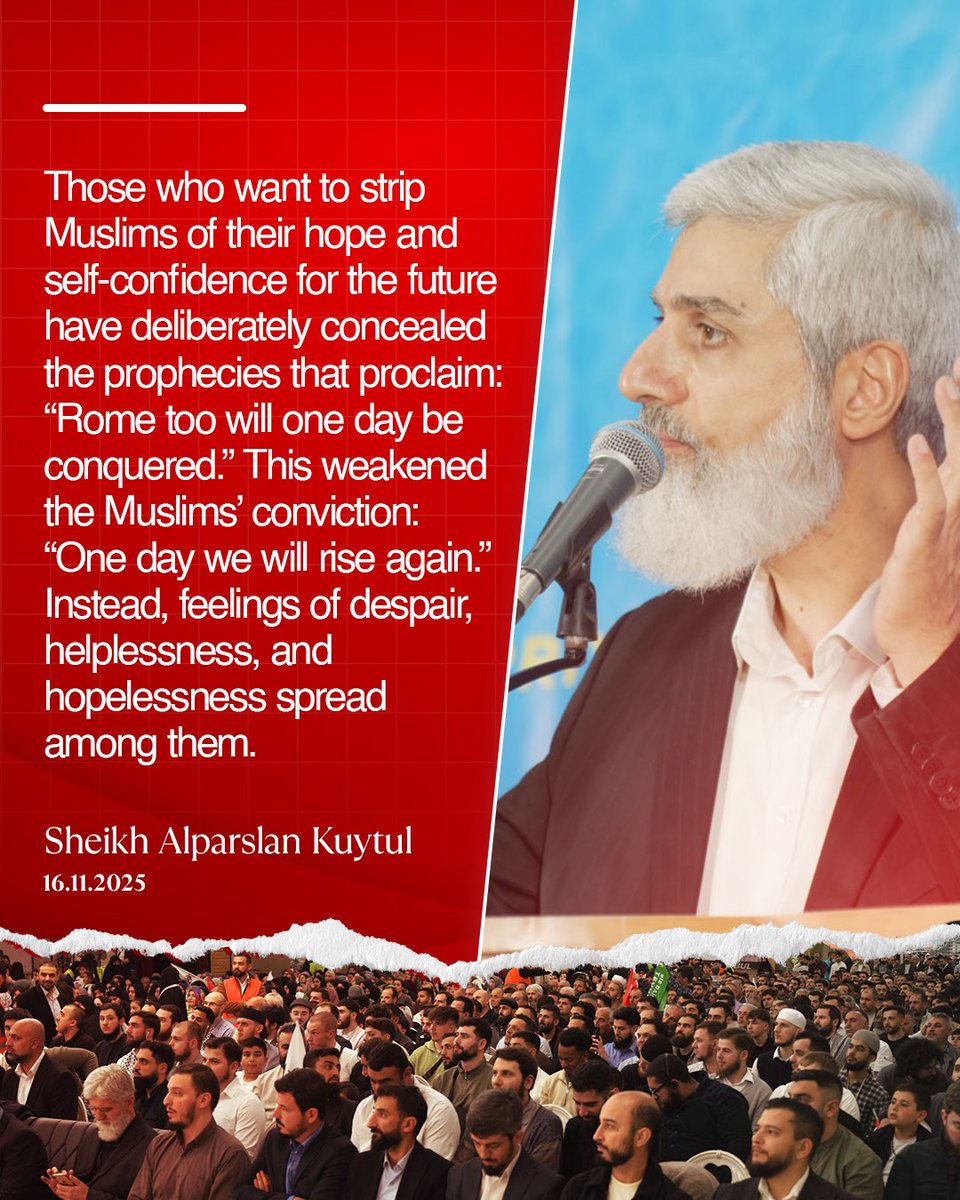 Alparslan_Eng's tweet image. Those who want to strip Muslims of their hope and self-confidence for the future have deliberately concealed the prophecies that proclaim: “Rome too will one day be conquered.”
This weakened the Muslims’ conviction: “One day we will rise again.”
Instead, feelings of despair,…
