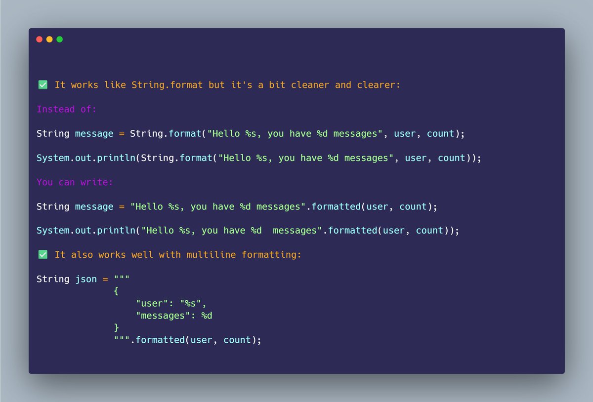 mario_casari's tweet image. 💡Java tip: Starting from Java 15 you can use String.formatted(...) for string formatting instead of String.format(...).
#Java #JavaDev