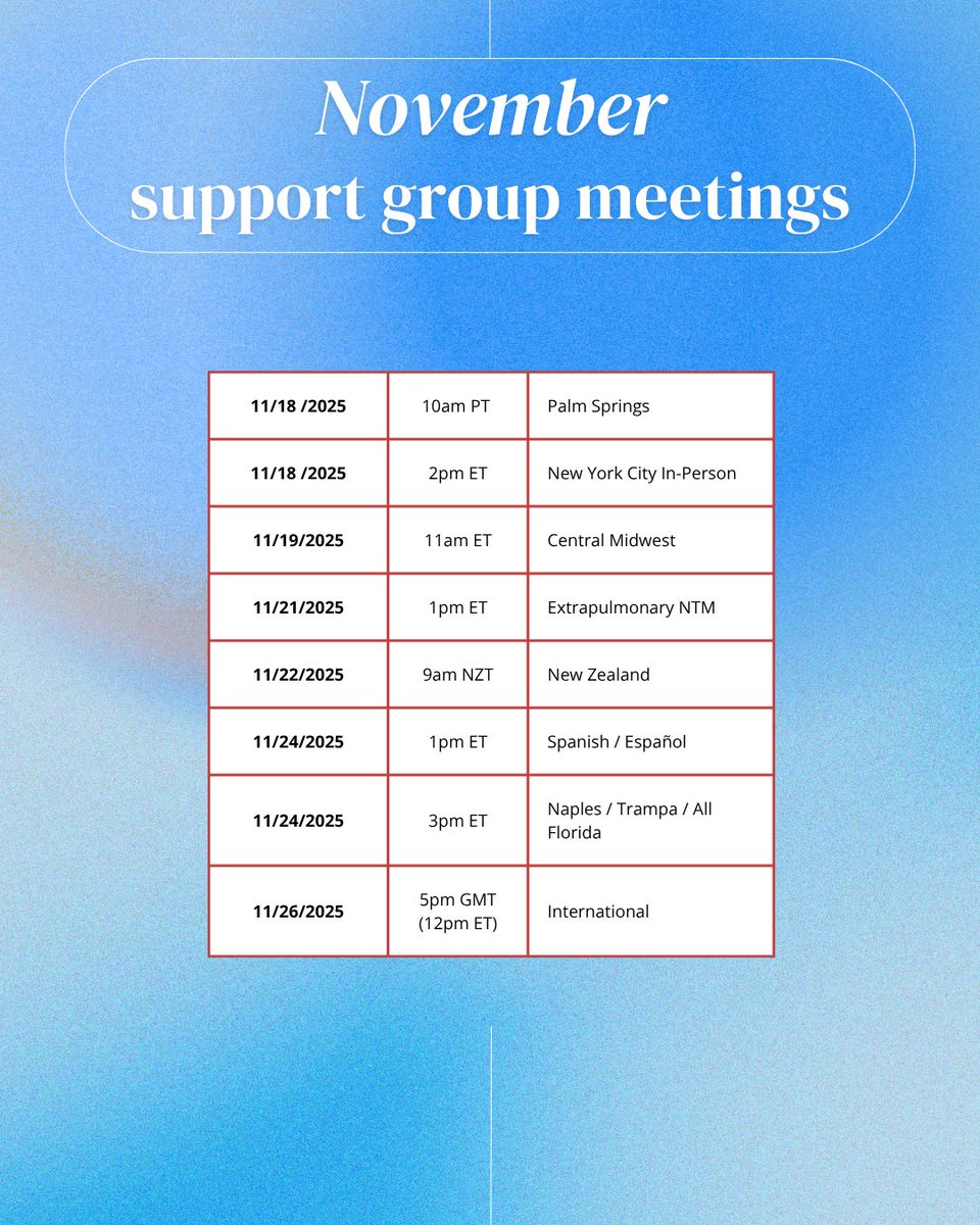 NTMinfo's tweet image. 💙 Connect, share, and find support!
Our NTM &amp;amp; bronchiectasis support groups meet via Zoom — join us this November to connect with others who understand your journey.
👉 Email ntmmail@ntminfo.org
 for access.
#NTMir #PatientSupport #LungHealth #NTMawareness