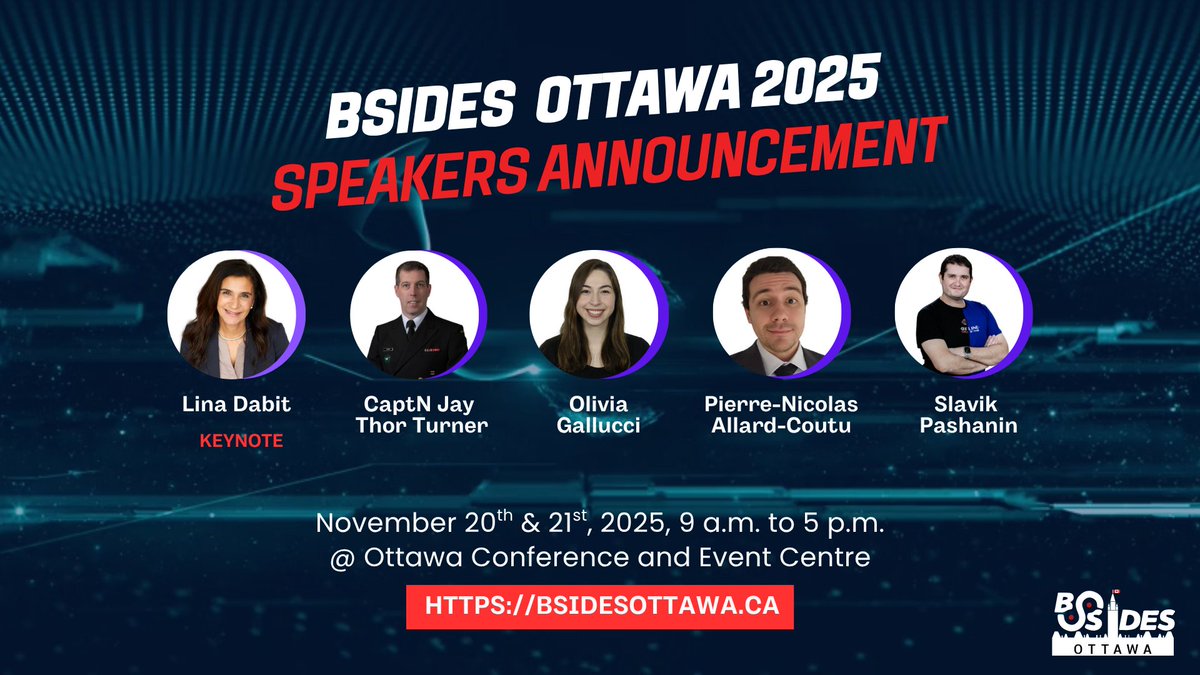 BsidesOttawa's tweet image. 🎤 Let’s show some ❤️ for our #BSidesOttawa2025 #Speakers taking the mainstage this Nov 20–21!

🗓️Full lineup: bsidesottawa.ca/schedule/

🎟️ Tickets still available — students register FREE:
🔗 eventbrite.ca/e/bsides-ottaw…

#CyberCommunity #Cybersecurity #BSides