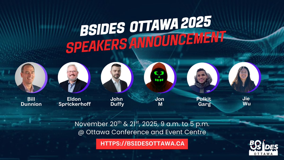 BsidesOttawa's tweet image. 🎤 Let’s show some ❤️ for our #BSidesOttawa2025 #Speakers taking the mainstage this Nov 20–21!

🗓️Full lineup: bsidesottawa.ca/schedule/

🎟️ Tickets still available — students register FREE:
🔗 eventbrite.ca/e/bsides-ottaw…

#CyberCommunity #Cybersecurity #BSides