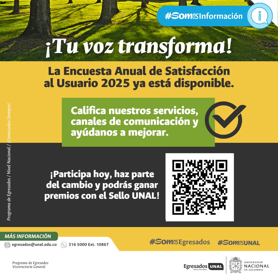 EgresadosUN_Nal's tweet image. ¿Ya participaste? Tu opinión fortalece nuestra comunidad 💬 Cuéntanos sobre los servicios del Programa de Egresados UNAL. 💛 ¡Podrás ganar premios! 👉 ow.ly/Ry7y50XmBS7 #SomosEgresados #SomosEgresadas #SomosUNAL