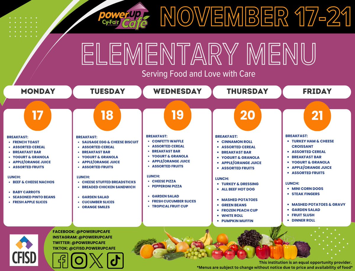 PowerUpCafe's tweet image. We&apos;ve reached the last week of November before Thanksgiving Break! We&apos;re excited for our tradition Thanksgiving Meal being served on Thursday! You can check out all our menus on our website! nutritionservices.cfisd.net/menus
