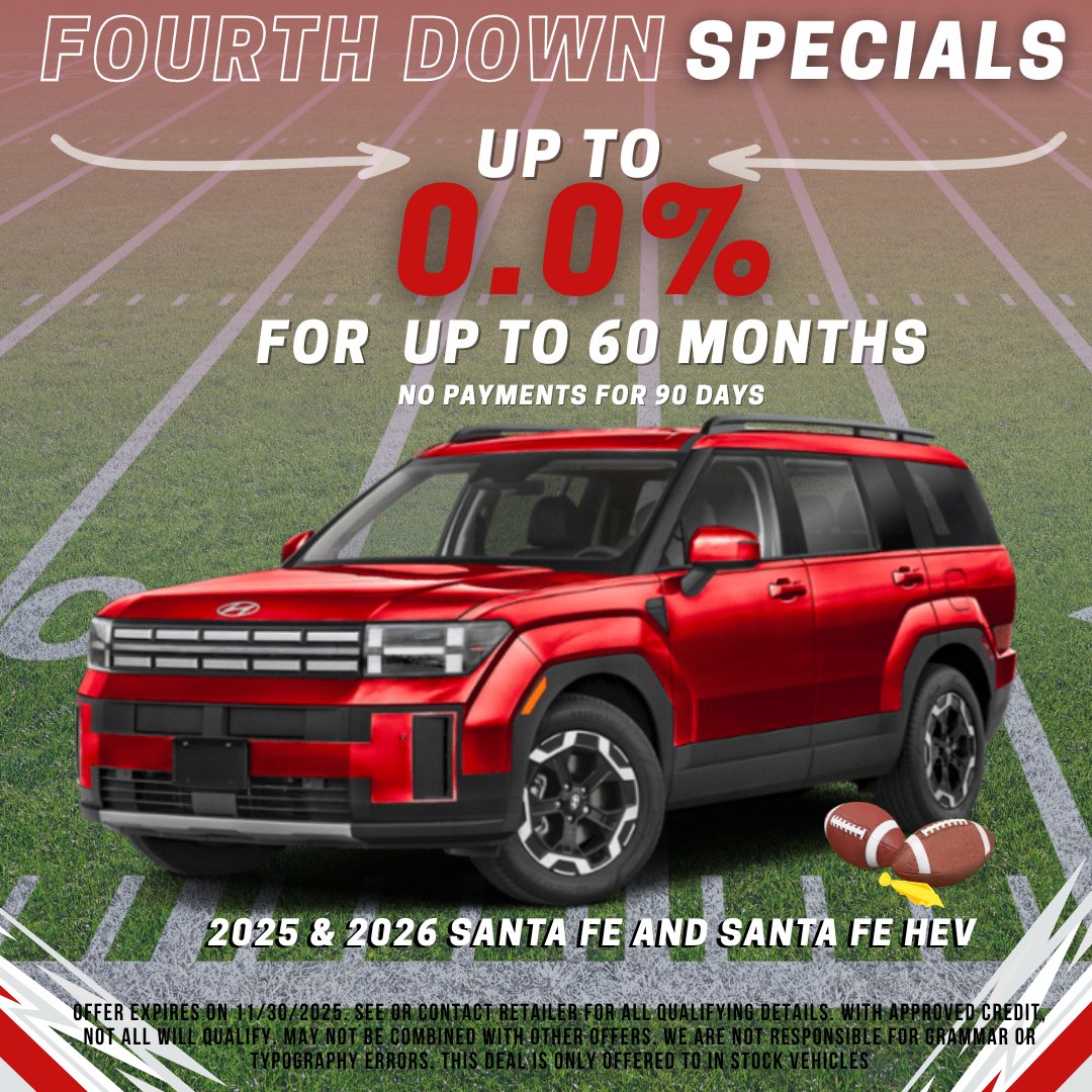 BSpringsHyundai's tweet image. 🏈💥 Don’t fumble your shot at 4th Down Specials at Hyundai of Blue Springs!

Score big savings before the clock runs out! 🚗🔥

Shop online here: ow.ly/Gr0150XmPoE

#HyundaiBlueSprings #GameDayDeals #TouchdownSavings