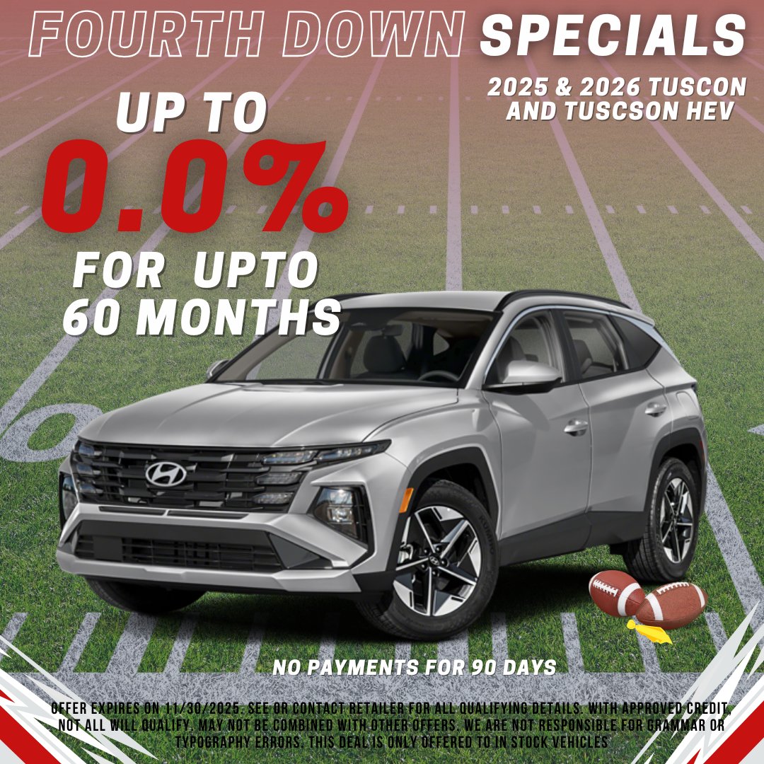 BSpringsHyundai's tweet image. 🏈💥 Don’t fumble your shot at 4th Down Specials at Hyundai of Blue Springs!

Score big savings before the clock runs out! 🚗🔥

Shop online here: ow.ly/Gr0150XmPoE

#HyundaiBlueSprings #GameDayDeals #TouchdownSavings