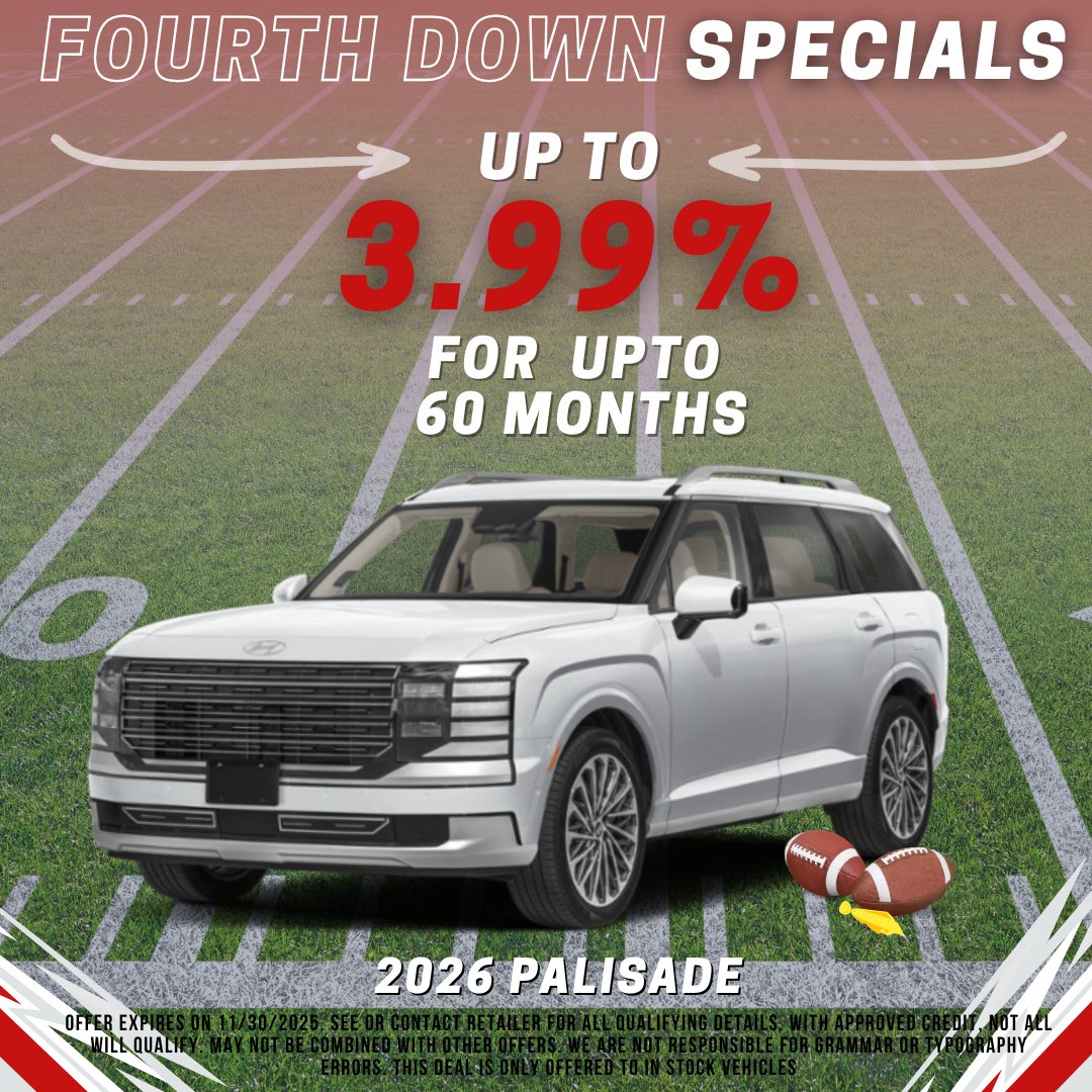 BSpringsHyundai's tweet image. 🏈💥 Don’t fumble your shot at 4th Down Specials at Hyundai of Blue Springs!

Score big savings before the clock runs out! 🚗🔥

Shop online here: ow.ly/Gr0150XmPoE

#HyundaiBlueSprings #GameDayDeals #TouchdownSavings