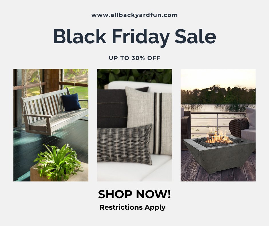 AllBackyardFun's tweet image. Black Friday is LIVE! 🖤
Save up to 30% off outdoor furniture, fire tables &amp;amp; more.
Shop now → allbackyardfun.com

Restrictions apply.
#BlackFriday #AllBackyardFun #OutdoorLiving