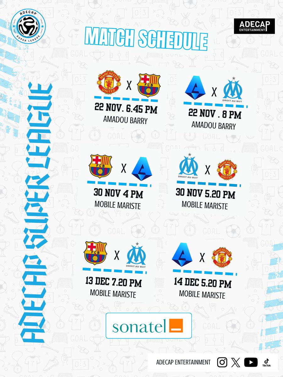 TL221… préparez-vous🔥
Le calendrier complet de l’ADECAP FANBASES SUPERLEAGUE est là, et le spectacle promet d’être électrique⚡️

Chaque match, un show Chaque équipe, une histoire
Que la bataille commence ! 🔥⚽

<a href="/GroupeSonatel/">Groupe Sonatel</a> 

#Adecap 
#TournoiTL221