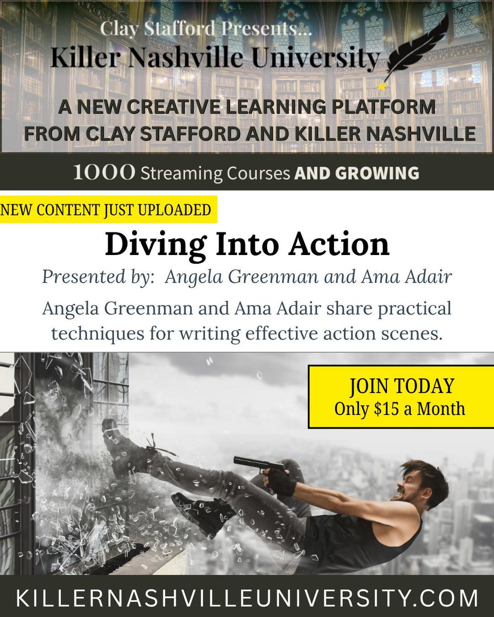 ClayStafford's tweet photo. In this week’s Killer Nashville University Podcast, Angela Greenman and Ama Adair dive into the art of writing powerful, realistic action scenes. Subscribe now to listen: https://t.co/GvzJlybOuH

#KillerNashvilleUniversity #WritingCommunity #ActionWriting #ThrillerWriters #WritingTips #WritersLife #FictionWriting #StoryCraft