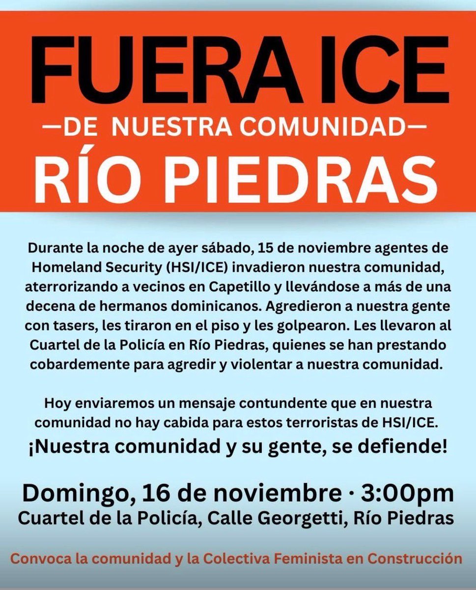 Bonita_Radio's tweet image. Denuncian que efectivos de @ICEgov “aterrorizaron” a vecinos de Capetillo en Río Piedras ayer en la noche y arrestados 10 ciudadanos dominicanos. 

La @ColeFeminista convoca a protesta hoy 3PM. 

#comunidades #inmigracion #dominicanos #PuertoRico