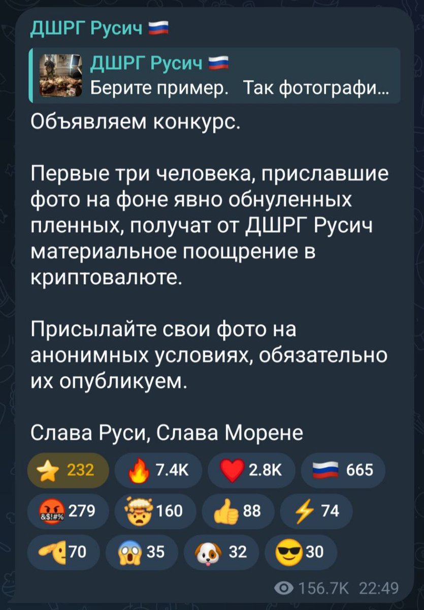 BohuslavskaKate's tweet image. Russian nazi unit &quot;Rusich&quot; announced a contest for best picture of murdered Ukrainian Prisoners of War‼️❗️‼️

“We are announcing a contest.  

The first three people who send in photos with obviously ‘zeroed-out’ [killed] prisoners in the background will receive material rewards…