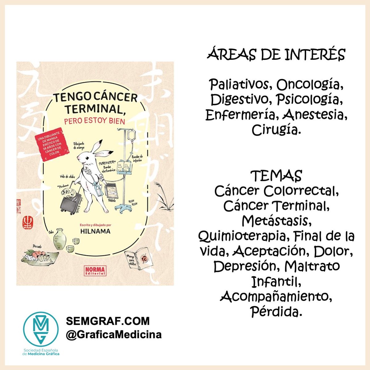 Es domingo y hay reseña de #MedicinaGráfica
Esta semana es trabajo de <a href="/FrikiEnMedicina/">DSender</a> 
Tengo cáncer terminal pero estoy bien, de Hilnama, fallecida en 2022 🌹. 
Traducción de Alèxia Miravet.
La cuenta de su viudo: <a href="/hilnama_danna/">ひるなまの夫🐰「末期ガンでも元気です」ブログ書いてます</a> 
En <a href="/NormaEditorial/">Norma Editorial</a> 
semgraf.com/resena/tengo-c…
