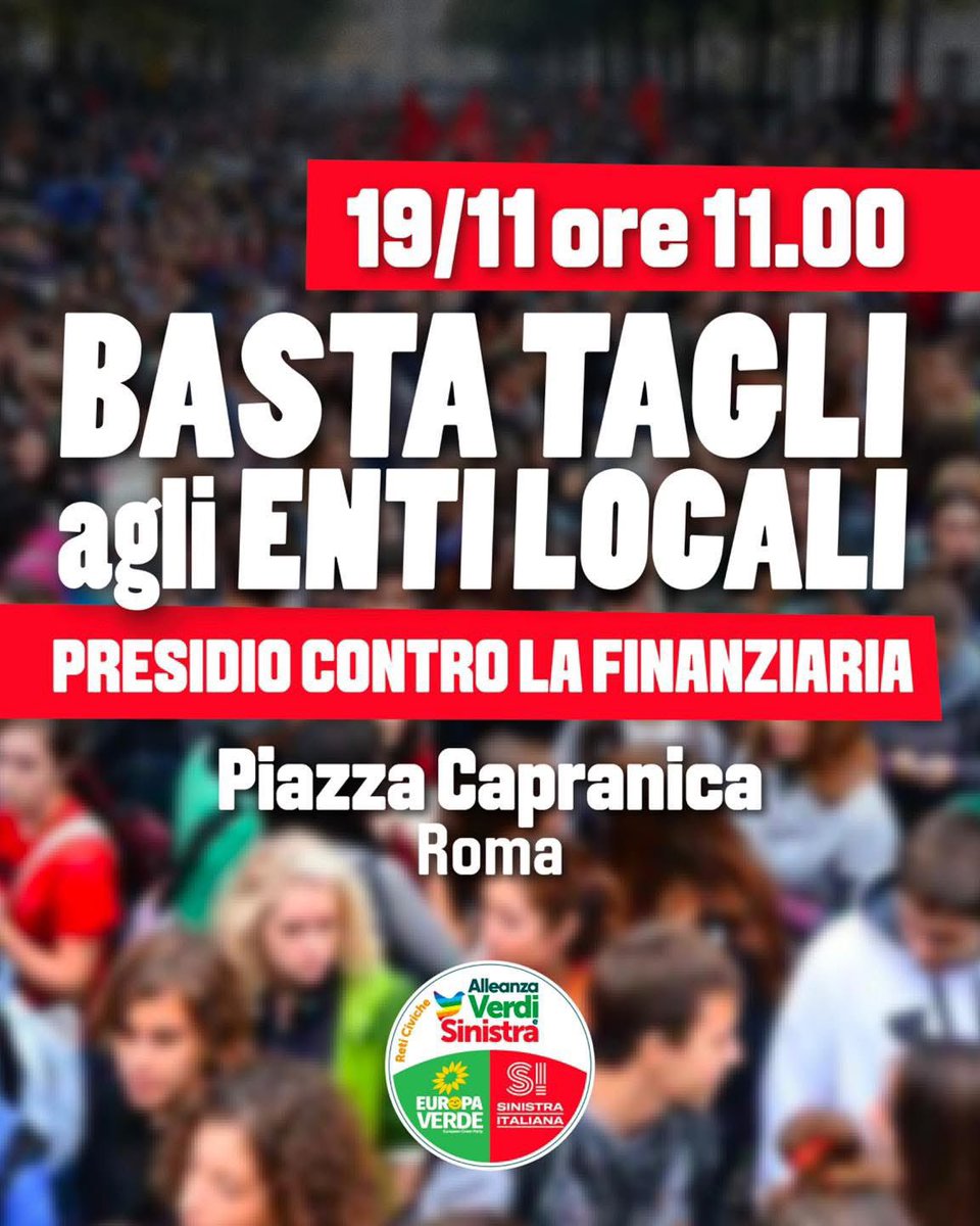 Mercoledi #19novembre ore 11 in Piazza Capranica a Roma manifestazione sindaci, assessori e consiglieri comunali #Avs contro i tagli ai servizi per i cittadini e ai comuni.

#Manovra #GovernoMeloni
