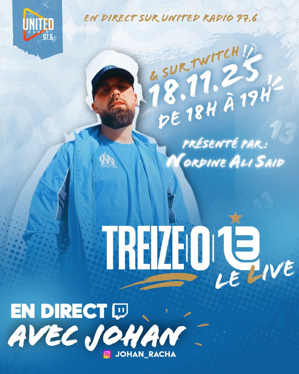 🚨 #13LeLive, exceptionnellement ce mardi à 18h sur Twitch, avec comme invité <a href="/Johan_OhJeune/">Johan Oh Jeune 👳🏻‍♂️</a> ! Déception et MVP du début de la saison, et du unpopular opinion ! À mardi 👋🏾 

🔗 m.twitch.tv/treize013off/h…

📞 04 91 67 10 48 ! Pour passer en direct. 

#TeamOM 🔵⚪️