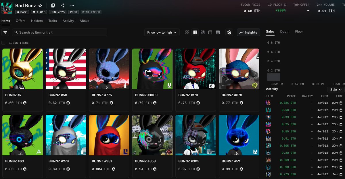 0xjack's tweet image. OpenSea just burned 4 ETH by sweeping the wrong @badbunnz_ collection for their rewards program - they bought a fake collection on Base 😭😂