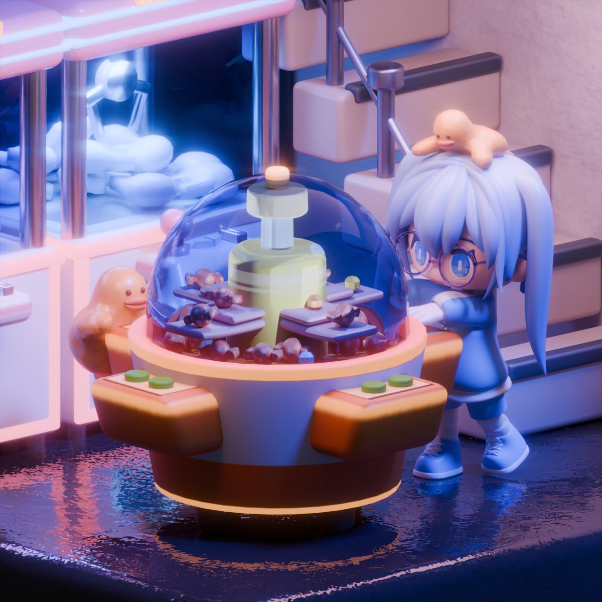 wip4 #b3d
ドーム型みたいなクレーンゲーム、お菓子より入れてある透明のキラキラの石みたいなやつのほうが欲しかった記憶(伝わる？