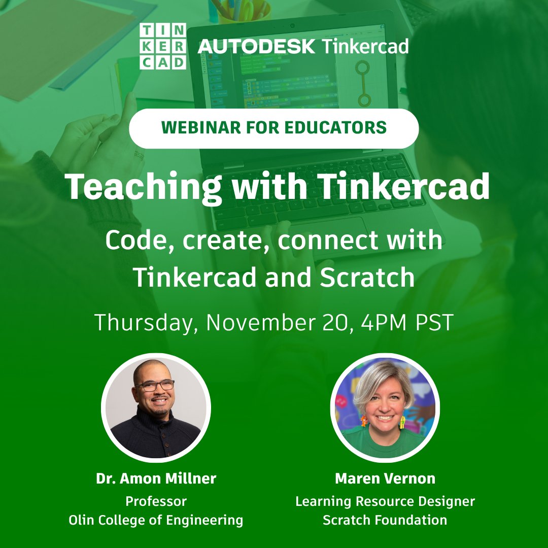 RDickinson's tweet image. Educators: this one’s for you. Autodesk is hosting a free webinar on November 20th. It&apos;s all about coding, making &amp;amp; AI exploration in your classroom featuring Tinkercad + Scratch. Register now: autode.sk/43Zrbli #TeachWithTinkercad #MakeAnything