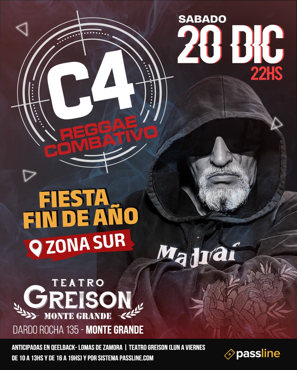 FIESTA FIN DE AÑO EN ZONA SUR!!!
Sabado 20 de Diciembre 22:00 horas en Teatro Greison, Dardo Rocha 134 MONTE Grande.
Anticipadas en:
Qeelback de Lomas de Zamora 
Teatro Greison ( Lunes a Viernes de 10 a 13 y 16 a 19 hs)
Y por sistema Passline 👇🎵👇
passline.com/eventos/c4-en-…