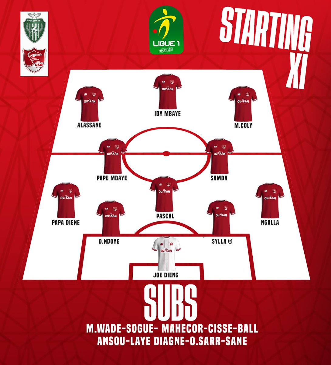 us_ouakam's tweet image. 𝐒𝐓𝐀𝐑𝐓𝐈𝐍𝐆 𝐗𝐈

Les 1️⃣1️⃣ requins 🦈🔴⚪️ choisis pour débuter ▶️ la rencontre face au Casa Sports.

#LSFP #ligue1Sn #Footlocalsn #team221 #senegal #TeamUSO #football #Casasports #galsen #m2sport