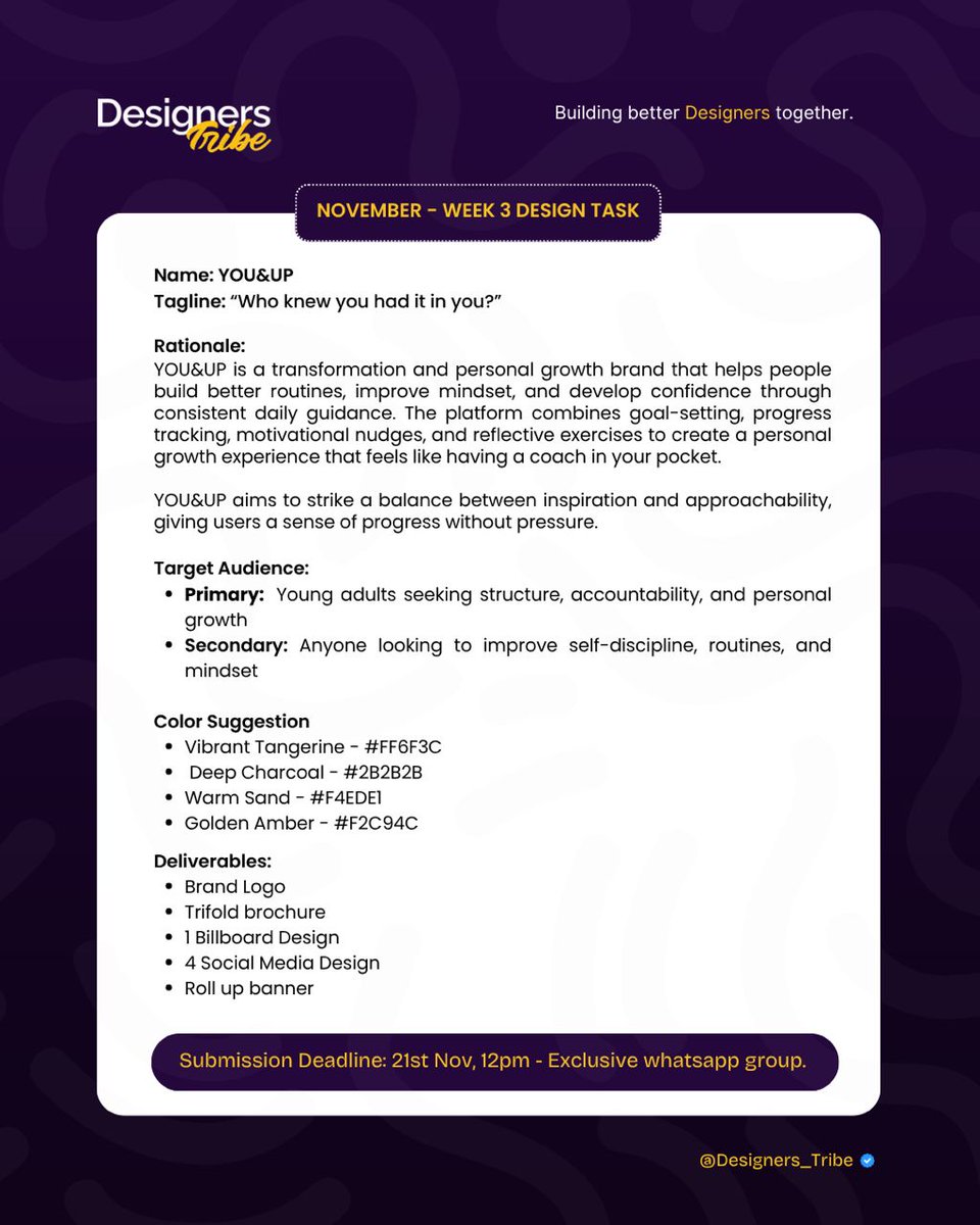 Designers_Tribe's tweet image. DESIGN BRIEF

FRAME 1 for Graphic Designers

FRAME 2 for Ui/Ux Designers

Brand Name: YOU&amp;amp;UP

Tagline: Who knew you had it in you?

Target Audience

Primary: Young adults seeking structure, accountability, and personal growth

Secondary: Anyone looking to improve self-discipline,…
