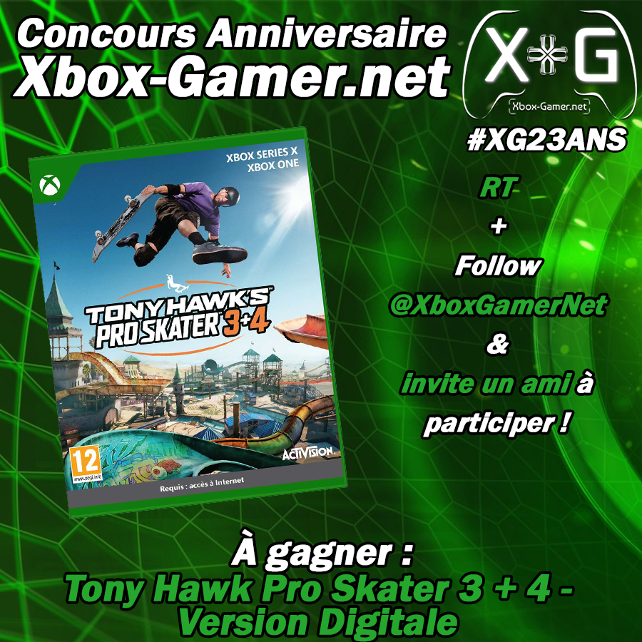On vous propose un nouveau concours anniversaire grâce à <a href="/Activision/">Activision</a>, afin de remporter une version numérique de Tony Hawk Pro Skater 3 + 4 sur Xbox ! #XG23Ans

🟢Pour participer : 
- RT &amp; Follow <a href="/XboxGamerNet/">🟢⚪️ Xbox Gamer 🎮</a> 
- Invite un ami en commentaire

Fin du concours le 28/11 à 23h59