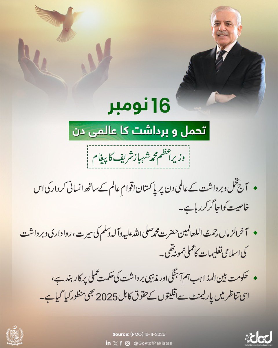 GovtofPakistan's tweet image. وزیراعظم محمد شہباز شریف کا تحمل و برداشت کے عالمی دن پر پیغام

&quot;پاکستان اور عالمی برادری ہمدردی، پُرامن بقائے باہمی، احترام اور تحمل و برداشت کی مشترکہ انسانی خاصیت سے وابستہ ہیں۔ پاکستان کا آئین و قوانین اور انسانی حقوق کے عالمی کنونشنز کی بنیادی روح، دہشت گردی اور انتہا پسندی…