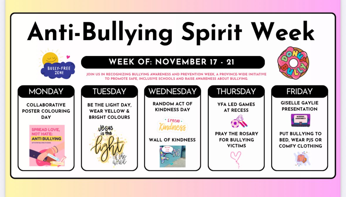 Nov. 16-22 is Anti-Bullying Week #PowerForGood. In the spirit of creating a safe, faith-filled, and mentally healthy environment, we will be focusing on belonging, acceptance,and kindness.  

We are also participating  in the upcoming Anti-Bullying Spirit Week.  

<a href="/DPCDSBSchools/">Dufferin-Peel Catholic District School Board</a>