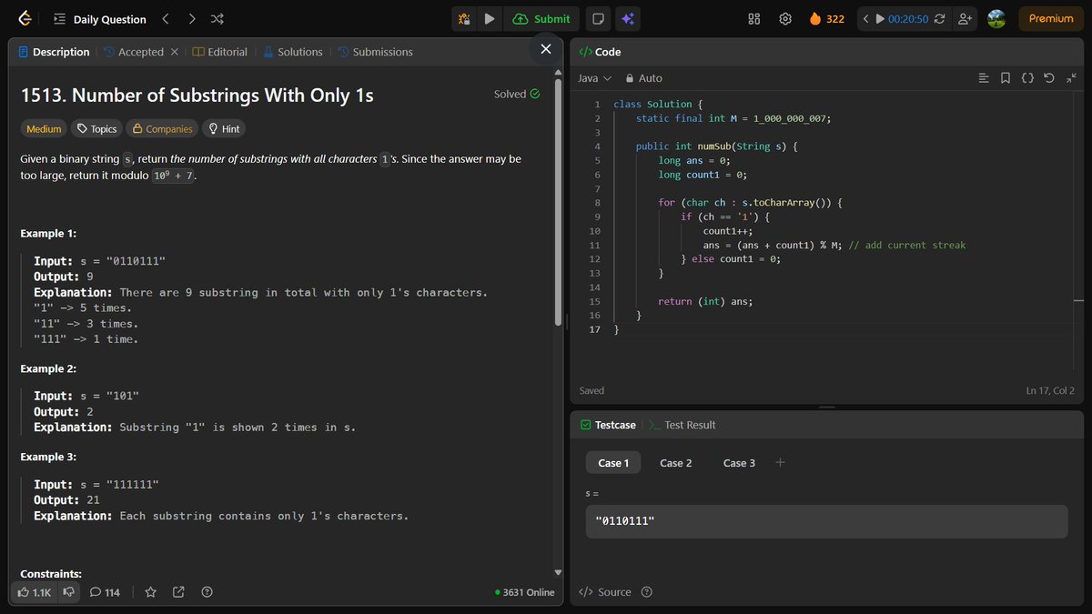 Day 87/100 – LeetCode
Solved “Number of Substrings With Only 1s” 🔥
Loved the logic behind counting consecutive 1’s → total substrings.
Small patterns, big insights! 🚀
#LeetCode #100DaysOfCode #Day87 #Coding #DSA #Java #ProblemSolving #TechJourney