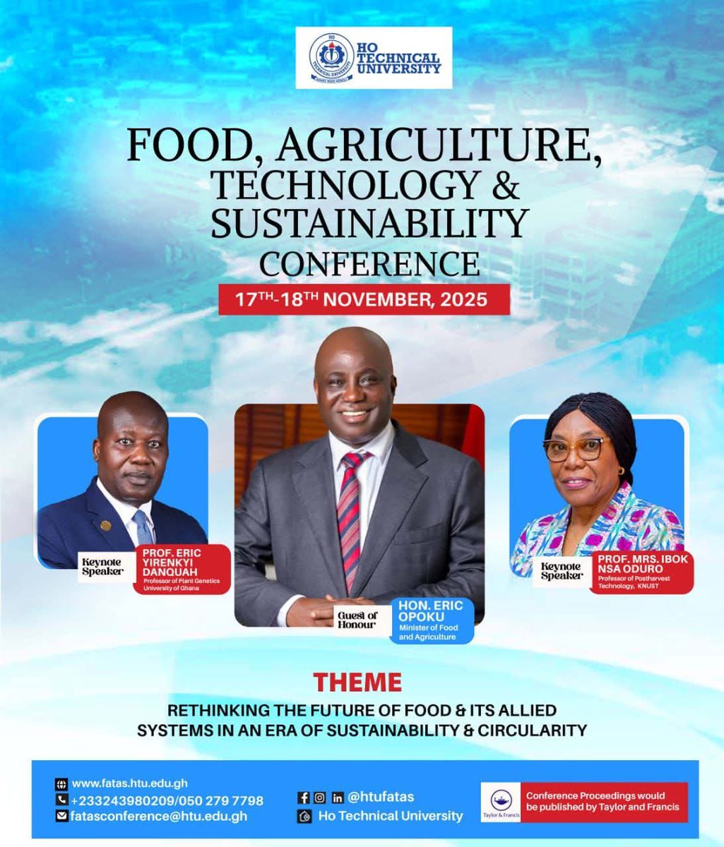 Tomorrow begins the future of food!  
Join us @ Ho Technical University for the 2025 FATAS Conference.  

Theme: Rethinking Food Systems for Sustainability &amp; Circularity  

Be part of the change.  

#FATAS2025 #HTUConference #SustainableFutures