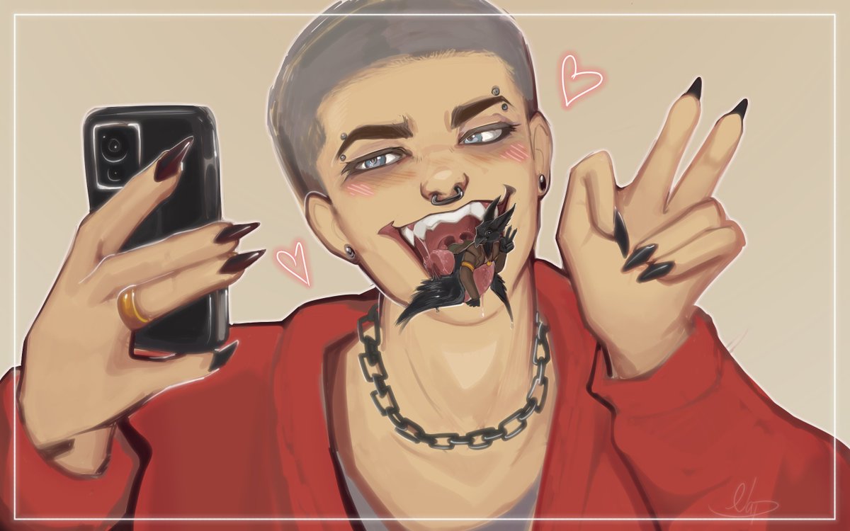 SirMiniWriting's tweet photo. [CW - #sizetwitter #gianttiny #malegiant #vore #mouthplay]

It's really fun to brainstorm new selfie poses when your friend can fit in the palm of your hand, and this one is my fav by far! Anything for another taste of @/cryptidcrow.bsky.social's little body~

🎨by @napafterdark! https://t.co/GC2XlFVoua