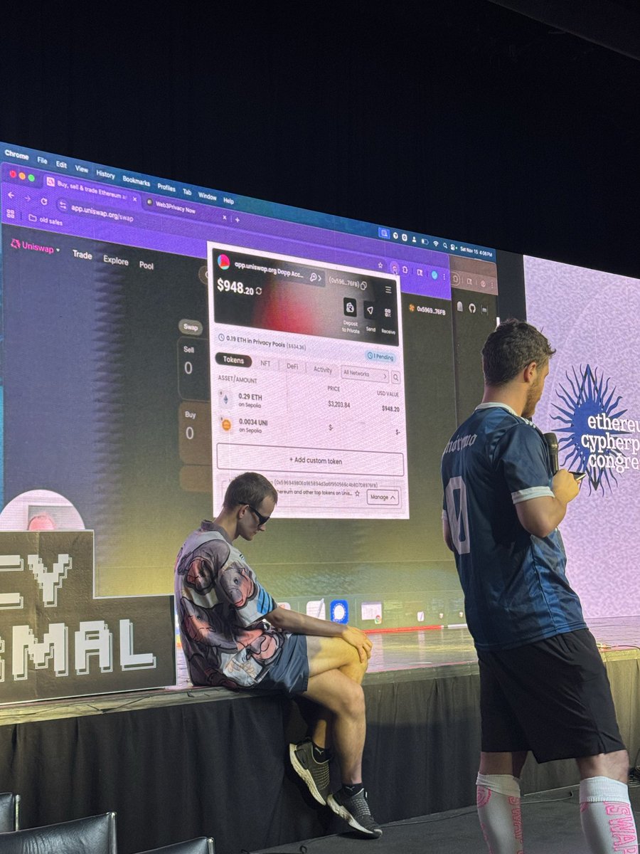 nattyfried's tweet image. Privacy is officially normal. 

@VitalikButerin and @kassandraETH on stage at @web3privacy demoing @0xprivacypools in the Kohaku wallet (created by the @ethereumfndn)