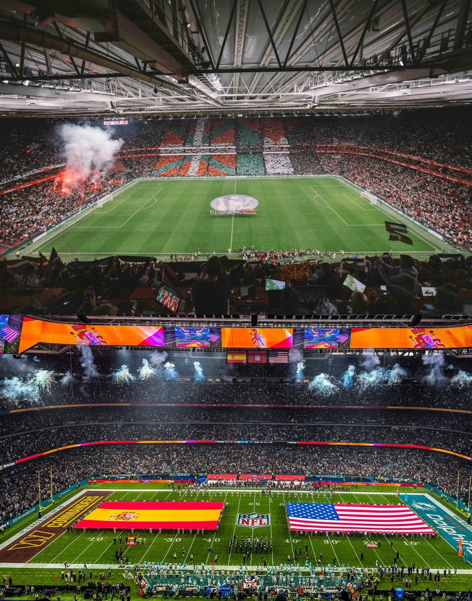 - Ayer en San Mamés. Partido de fútbol en solidaridad con Palestina por parte del pueblo vasco en Bilbao. 

- Hoy en el Bernabéu. Partido de la NFL para el negocio de Trump y Florentino Pérez, subvencionado por Ayuso y Almeida del PP.