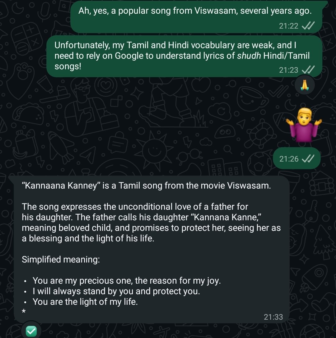 A 6-year-old cover song, in Tamil, went so viral that a North Indian, <a href="/ChicagoBooth/">Chicago Booth</a> alum friend texted me, asking about the meaning of the song.

(He had noted that it was picturised on my brother.)

He knows now that he'd be better off, given my weak Tamil vocabulary, Googling