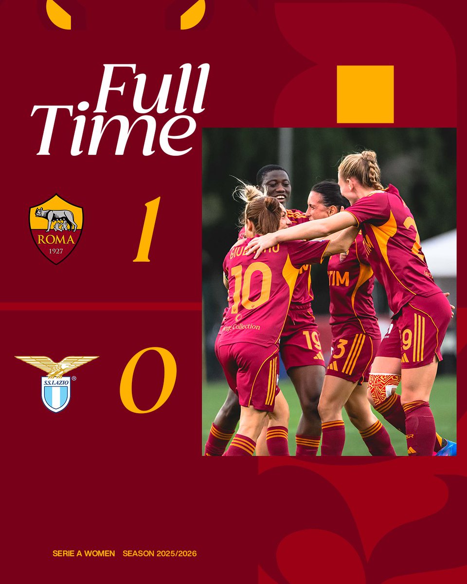 ASRomaFemminile's tweet photo. ❤️‍🔥 IL DERBY È NOSTRO!!!!!

⚽️ Di Guglielmo firma la vittoria!

#RomaLazio 1-0 | #ASRomaFemminile https://t.co/a4ReydZ2kw