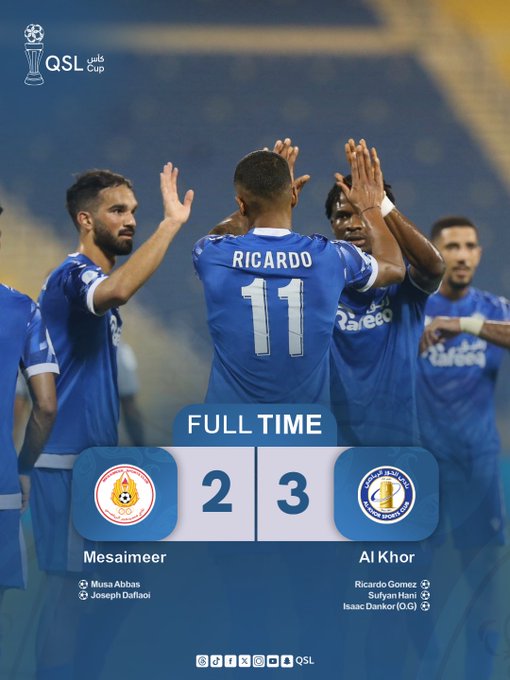 Graphic overlay on stadium field image with QSL Cup logo at top players in blue uniforms raising arms in celebration one player back view with RICARDO number 11 on jersey full time text box showing Al Mesaimeer 2 3 Al Khor with fire icons scorers listed Joseph Duarte for Al Mesaimeer Ricardo Gomes and Isaac Isaac for Al Khor QSL watermark at bottom